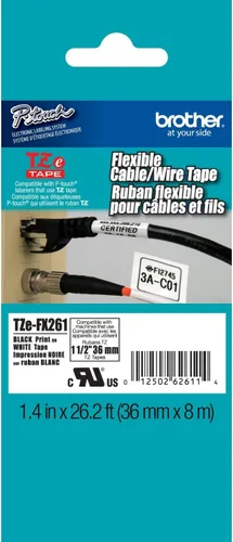 Brother TZEFX261 Cinta de etiquetado flexible para etiquetadoras P-Touch, 1-1/2 pulgadas x 26-1/5 pies, negro sobre blanco