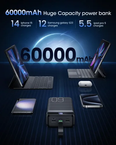 Miniatura 9 de Cargador Portátil 60000mAh Banco de Energía - Carga Rápida 22.5W Paquete de Batería Externa, Pantalla LED USB C Cargador de Teléfono Celular
