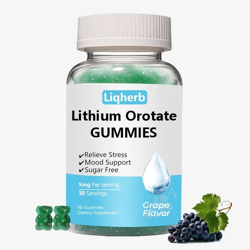 Gomitas de Orotate de litio de 5 mg para apoyo del estado de ánimo y manejo del estrés, veganas, sin azúcar, sin OMG, sin gluten, sabor a uva, 60