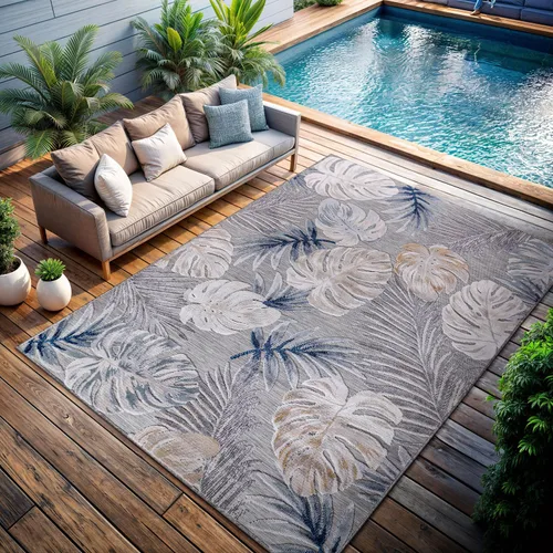 Miniatura 6 de CAMILSON Alfombra para interiores y exteriores, azul de 10 x 14 pies con diseño de hojas tropicales botánicas, alfombras de área para patios 3002