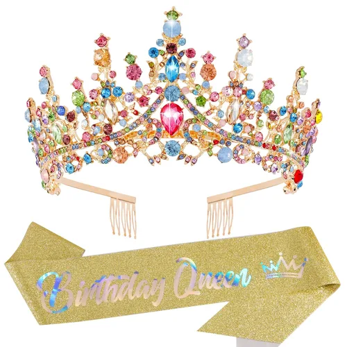 Miniatura 15 de VELSCRUN Coronas de Reina de Cumpleaños para Mujeres y Niñas, Corona de Princesa, Diadema de Cumpleaños, Fajas, Decoraciones para Fiestas, Regalo