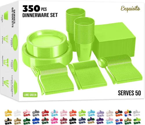 Juego de 350 platos de plástico verde lima para fiestas, juego de platos desechables de color verde lima, 50 de cada juego de platos llanos de 9