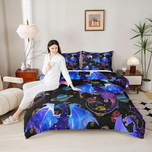 Miniatura 5 de Feelyou Juego de ropa de cama con diseño de dragón y galaxia, cielo estrellado, para niños y niñas, diseño de dragón, decoración colorida, colección