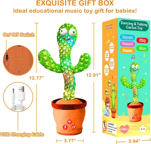 Miniatura 6 de Juguete recargable de cactus parlante que baila que imita la espalda, juguete de bebé de cactus cantante, juguetes educativos para bebés de 18 meses