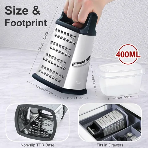 Miniatura 2 de Ourokhome Rallador de queso, rallador de caja de mano con recipiente y tapa, acero inoxidable de 4 lados para cocina, juliena ondulada, rebanadora