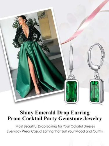 Miniatura 4 de Bestyle Aretes colgantes de plata de ley pequeños y delicados con piedra natal para mujeres y niñas con cristal rectangular de baguette y aro