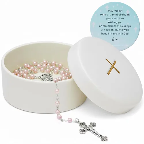 Miniatura 9 de Regalos de bautismo para niños, rosario azul con caja de recuerdo de cerámica y tarjeta, regalo de comunión católica, cuentas de rosario de bautizo