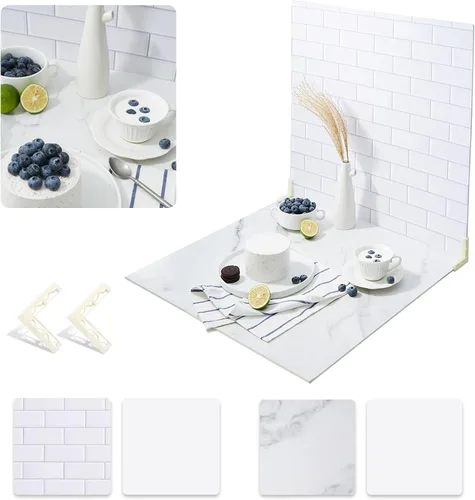 Miniatura 8 de BEIYANG Telones de fondo de fotografía de alimentos de 24 x 24 pulgadas, tableros de fondo de fotos de mármol blanco con 3 kits de soporte, tablero
