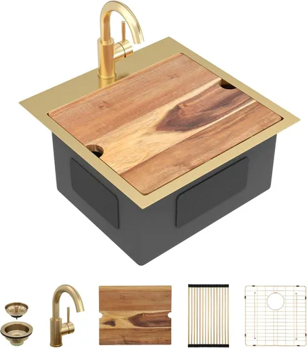Miniatura 26 de 13"x15" Fregadero de barra de montaje en encimera para preparación – Negro metalizado NANO-PVD, acero inoxidable 304 calibre 16, tazón individual