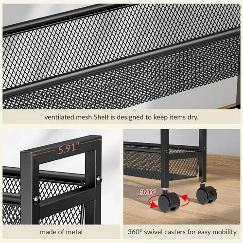 Miniatura 7 de ThreeHio Carrito de almacenamiento delgado de 6 niveles, carrito estrecho con ruedas, estantería móvil de metal para cocina, baño, lavandería, sala
