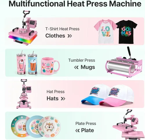 Miniatura 6 de Slendor - Máquina de presión de calor 5 en 1, prensa de calor para sublimación de 12x15 pulgadas, prensa digital de transferencia de calor con Rosa