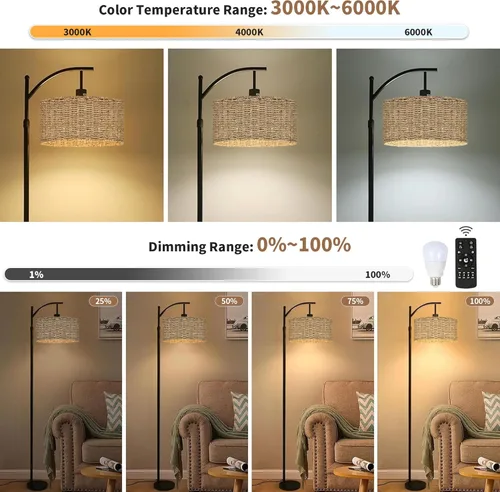 Miniatura 2 de Lámpara de pie de ratán en arco para sala de estar con control remoto, lámparas de pie negras con bombilla regulable de 3 temperaturas