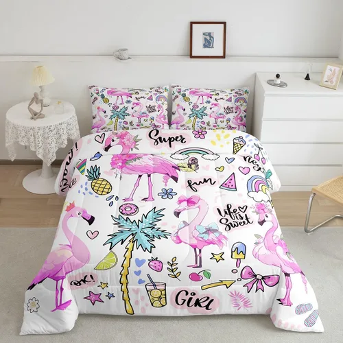 Erosebridal Juego de ropa de cama de flamenco rosa para niñas y mujeres, lindo juego de edredón de flamenco de animales, tamaño individual, estilo