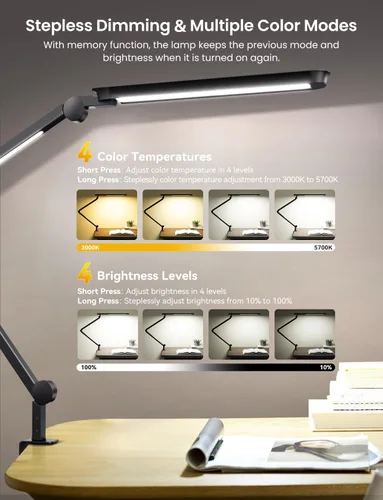 Miniatura 3 de Lámpara de escritorio LED con abrazadera, luz doble ajustable y control remoto, luz de rompecabezas para mesa sin deslumbramiento, 4 modos