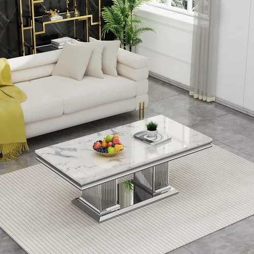 Miniatura 38 de SSLine Mesa de Centro Rectangular de Mármol Sintético para Sala de Estar, Mesa Central Moderna de Mármol Blanco de Lujo con Base Doble en Forma de U