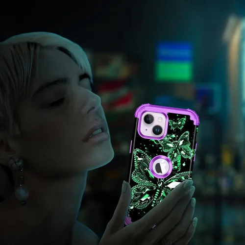 Miniatura 7 de Miqala Funda compatible con iPhone 14 Plus, que brilla en la oscuridad, tres capas, resistente, a prueba de golpes, de plástico duro, funda Amaranto