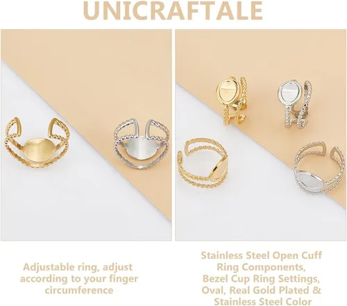 Miniatura 5 de UNICRAFTALE 8 piezas de componentes de anillo abierto de acero inoxidable de 2 colores con anillos ovalados, chapados en oro, ajustables para hacer