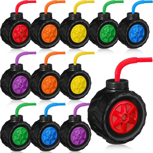 Mifoci Paquete de 12 tazas de camión monstruo para fiestas infantiles, vasos de plástico en forma de neumáticos, construcción de camiones monstruos,