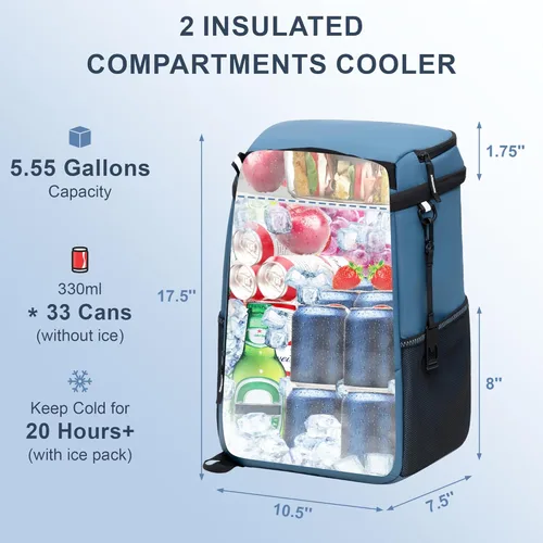Miniatura 2 de SPARTER - Mochila enfriadora aislada a prueba de fugas para 33/49 latas, bolsa térmica con 2 compartimentos aislados, mochila de playa, viaje, Azul