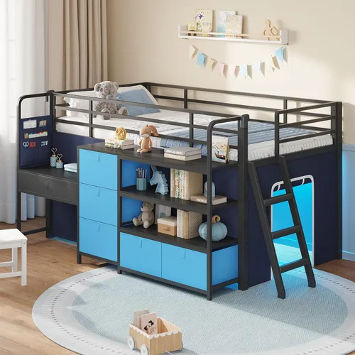 Miniatura 14 de DICTAC Cama alta baja con tobogán, escalera de almacenamiento y luces LED, cama alta de metal tamaño individual con espacio de juego debajo