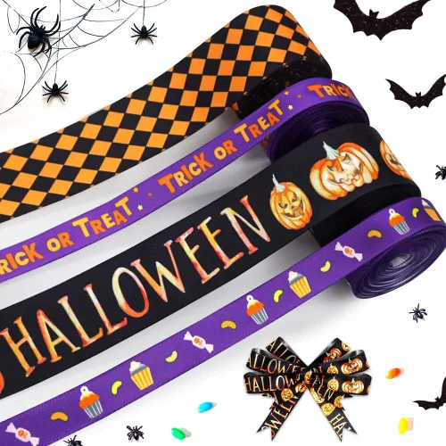 Miniatura 8 de Hying 6 cintas de calabaza de Halloween, 3/8 pulgadas de ancho de satén para manualidades en naranja y negro para envolver regalos y decoraciones