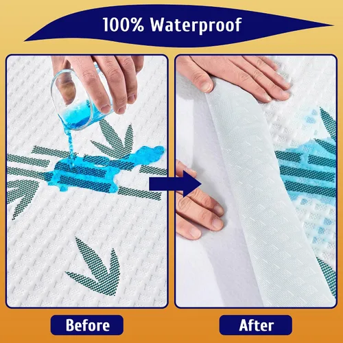 Miniatura 3 de Protector de colchón de tamaño matrimonial, funda de colchón impermeable de viscosa de bambú transpirable, estilo de rayas refrescantes, bolsillo