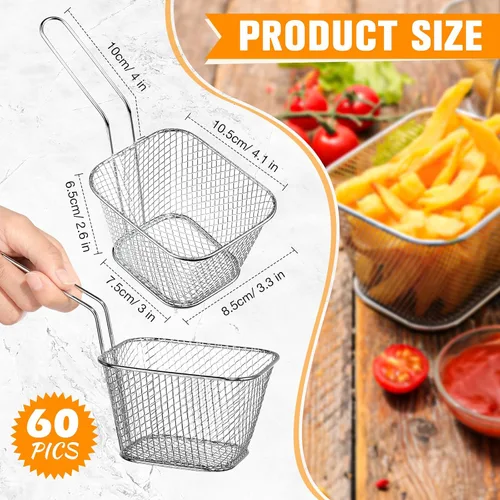 Miniatura 2 de Maxdot 60 unidades, mini cesta cuadrada para papas fritas con asa cromada, soporte para papas fritas, cesta de presentación de alimentos