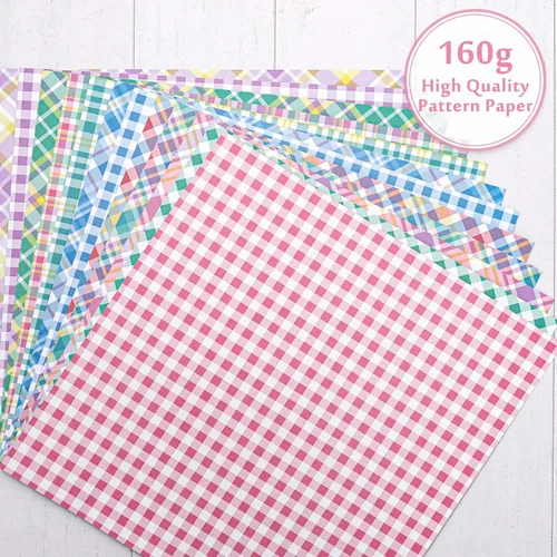 Miniatura 5 de Whaline 24 hojas de papel de primavera pastel con patrón a cuadros, 12 diseños, álbumes de recortes, papel especial para Pascua, papel decorativo