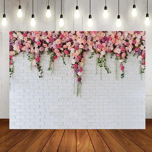 Telón de fondo floral de pared de ladrillo blanco de 5 x 3 pies con flores colgantes, telón de fondo de fotos de jardín de primavera para despedida