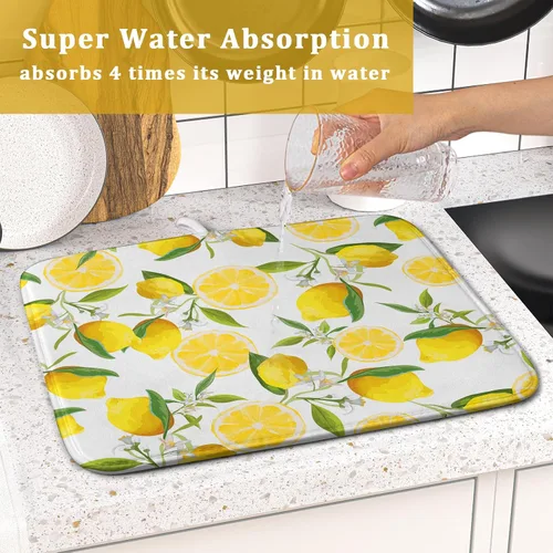 Miniatura 7 de Tapete de secado de platos de limón para encimera de cocina, de 16 x 18 pulgadas, tapete de secado de microfibra pequeña con acuarela, limón