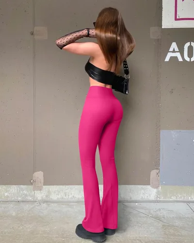Miniatura 6 de OQQ Pantalones de yoga para mujer, 2 piezas, acanalados, sin costuras, para entrenamiento, cintura alta, acampanados, leggings acampanados