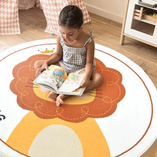 Miniatura 4 de ABREEZE Alfombra de juego de lana sintética para niños, 4 pies, alfombra redonda de animales, alfombra de felpa suave antideslizante para León