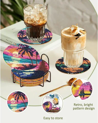 Miniatura 3 de Clendo 8 Piezas de Kits de Posavasos de Pintura de Diamante, Kits de Arte de Diamante de Paisaje DIY con Soporte, Pequeños Kits de Pintura