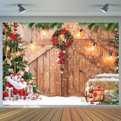 Telón de fondo de Navidad de 8 x 6 pies para fotografía de invierno, Navidad, rústico, puerta de madera, telón de fondo, árbol de Navidad, regalos