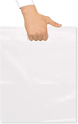 Miniatura 3 de Purple Q Crafts Bolsa de plástico con asa troquelada 12 "x 15" Bolsas de plástico blanco para mercancía 100 unidades para venta al por menor