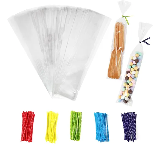 Newkita Bolsas de golosinas transparentes, bolsas para pasteles y dulces con lazos giratorios de 4 pulgadas, paquete de 100