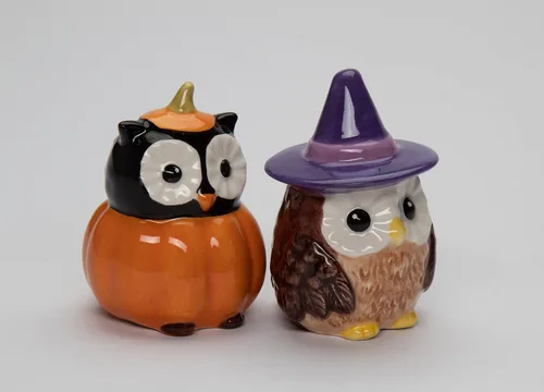 Miniatura 6 de Juego de salero y pimentero de cerámica fina para Halloween, búho bruja y calabaza, 2-7/8 pulgadas de alto