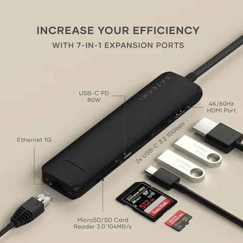 Miniatura 3 de Satechi Adaptador multipuerto USB C 7 en 1 con Ethernet, HDMI 4K a 60Hz, carga PD de 100 W, 2 puertos de datos USB-A, lectores de tarjetas Micro/SD
