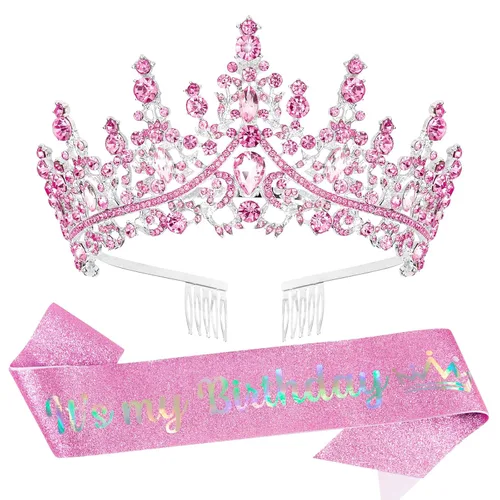 Miniatura 16 de VELSCRUN Tiara de cumpleaños de cristal azul para mujeres y niñas, banda "It's My Birthday", corona de princesa reina con peines, decoraciones