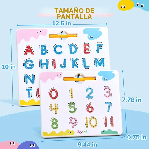 Miniatura 8 de JoyCat Juego de tableros magnéticos de letras y números para trazar, tablero doble cara de alfabeto y números para niños pequeños, práctica de ABC