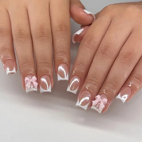 Miniatura 21 de Lindas uñas a presión de tamaño mediano - Uñas falsas cuadradas con punta francesa, uñas acrílicas rojas de cobertura completa brillantes