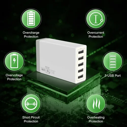 Miniatura 3 de Cargador de pared USB, estación de carga USB de escritorio para múltiples dispositivos, 40W 8A, 5 puertos, cargador portátil de viaje para teléfono