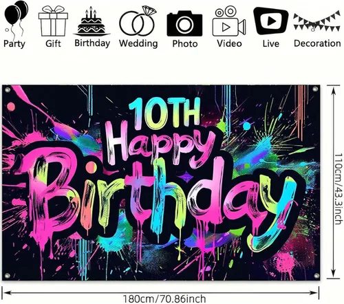 Miniatura 3 de HOMETITUTE Pancarta de Neón de Feliz 10mo Cumpleaños 71 x 43 pulgadas, Salpicadura de Pintura que Brilla en la Oscuridad, Telón de Fondo