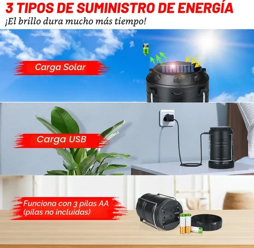 Miniatura 2 de Paquete de 4 linternas solares para campamento, LED recargables con batería USB/solar/AA, base magnética, gancho para colgar, plegable, impermeable