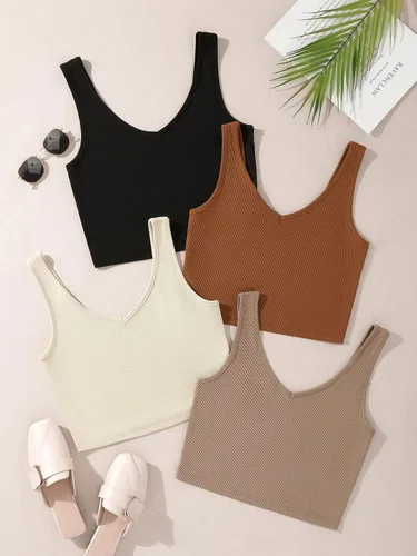 Miniatura 4 de SheIn Camiseta corta sin mangas con cuello en V para mujer de 4 piezas
