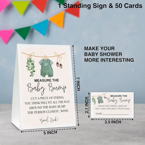 Miniatura 2 de Measure the Baby Bump - Juego de juego para baby shower, 1 letrero de pie con 50 tarjetas de adivinanzas, ropa de bebé, suministros de decoración