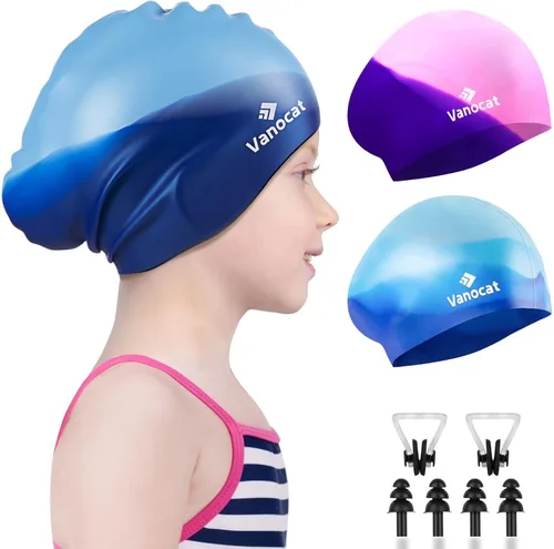 Miniatura 12 de 2 Pack Kids Swim Caps for Long/Short Hair, Unisex Silicone Swimming Cap for Age 3-15 Children Toddler Youth Teen, Waterproof Shower Cap Bathing Hats