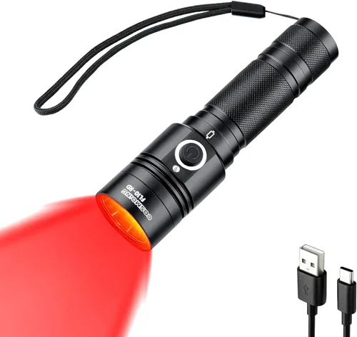 Linterna LED roja de alta potencia recargable, 300 yardas linterna roja IP65 impermeable luz roja antorcha para observación nocturna, camping