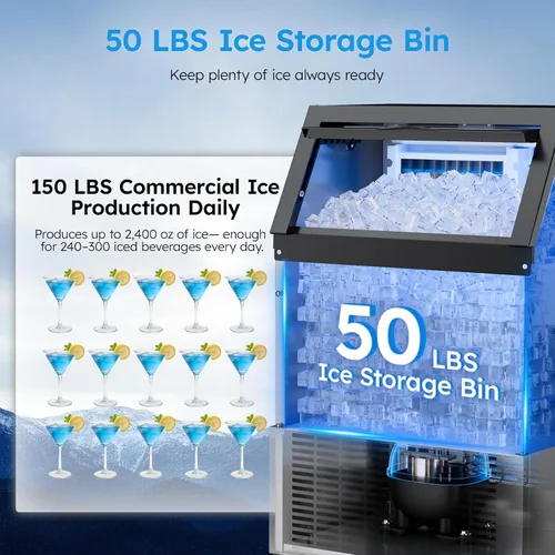 Miniatura 2 de Máquina comercial para hacer hielo – 150 libras/24 horas, máquina de hielo comercial con contenedor de almacenamiento de 50 libras, debajo