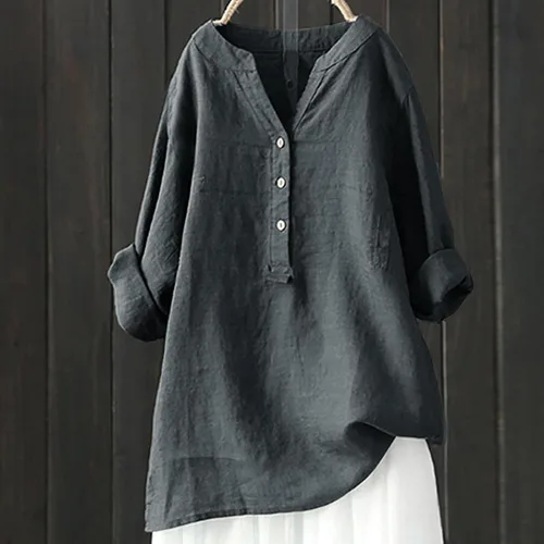 Miniatura 2 de Loose Button Down Blouse Tops Stand Solid Sleeve Collar Long Casual Women Shirt Women's Blouse Medium Short